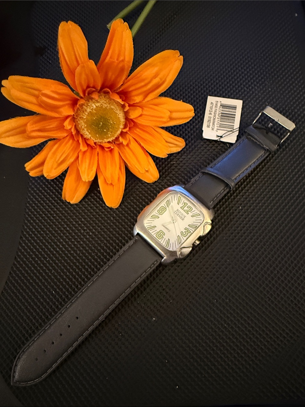 Bijoux Terner Men’s Black Leather Strap Square Watch with Silver Case
